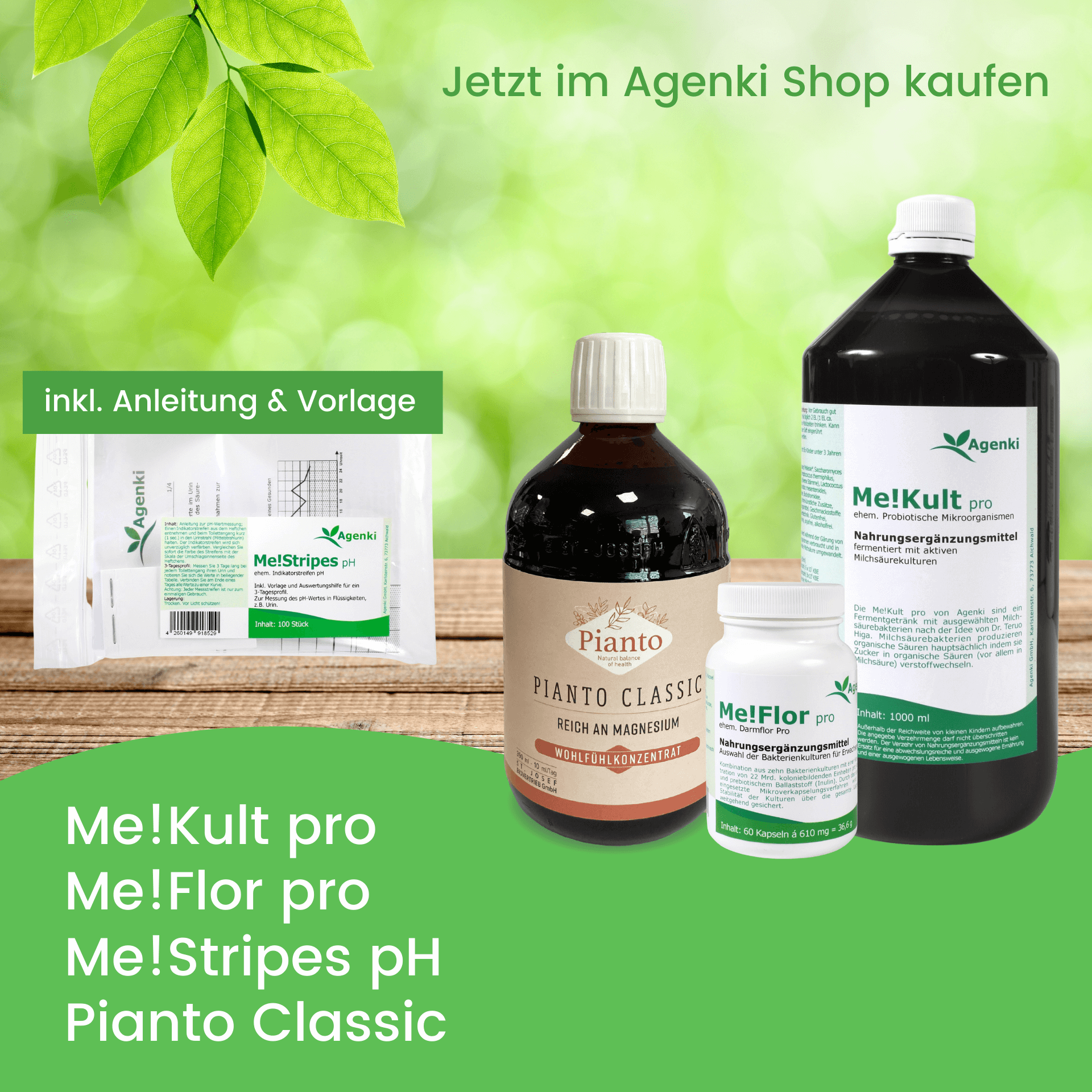 Me!Kult pro - Mikroorganismen, Me!Flor pro - Darmbakterien, Me!Stripes pH - pH Wert Urin Teststreifen und Pianto Classic - Agenki