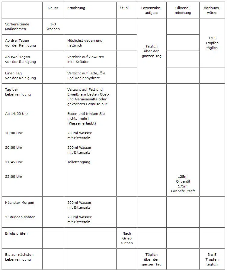 Leberreinigung Tabellarische Übersicht