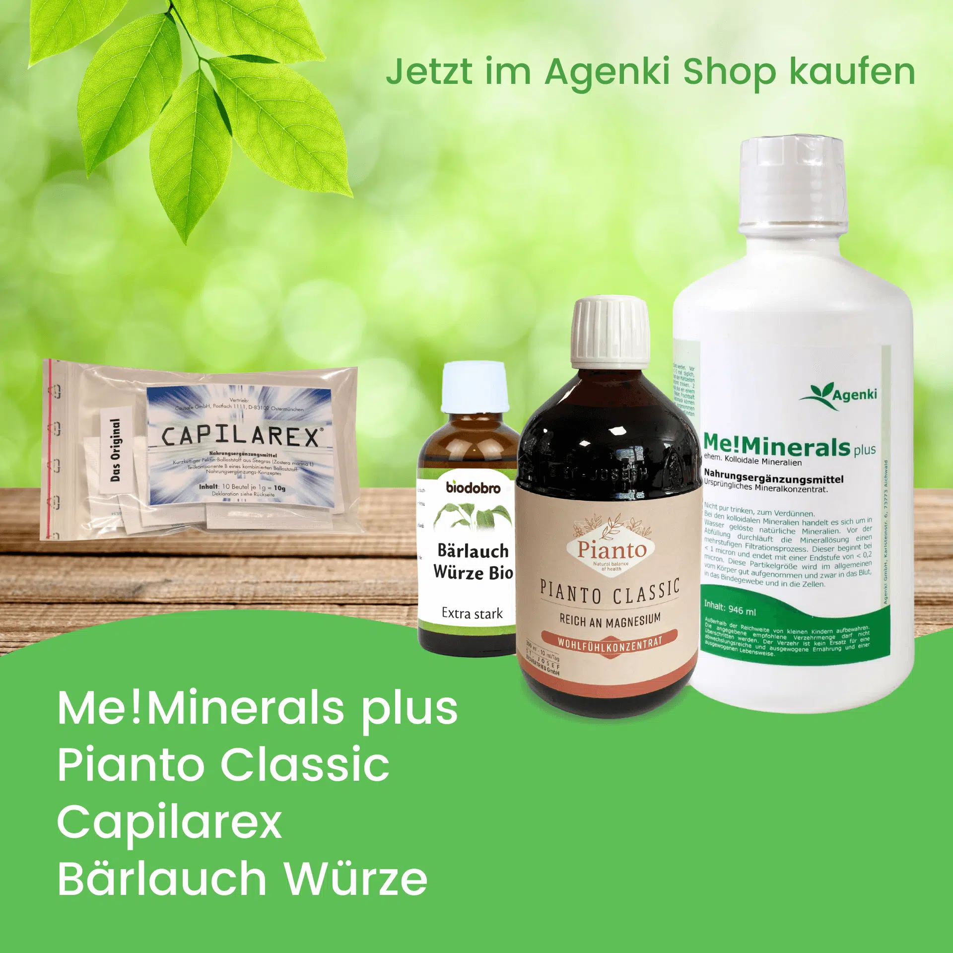 Me!Minerals plus - Kolloidale Mineralien, Pianto Classic, Capilarex Ballaststoffe & Bärlauch Würze extra stark - Agenki